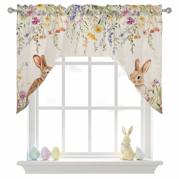 Spring Floral Swag Valances for Kitchen Window, Easter Bunny Rabbits Wildflowers Leaves Linen Small Swag Valances Rod Pocket Curtain Drapes Window Treatment for Bedroom Bathroom, 56x36 Inch
