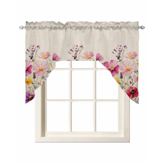 Spring Floral Swag Valances for Windows 56 x 36 Beauty Watercolor Hand-painted Linen Texture Rod Pocket Light Filtering Window Topper for Kitchen Bathroom Bedroom Living Room