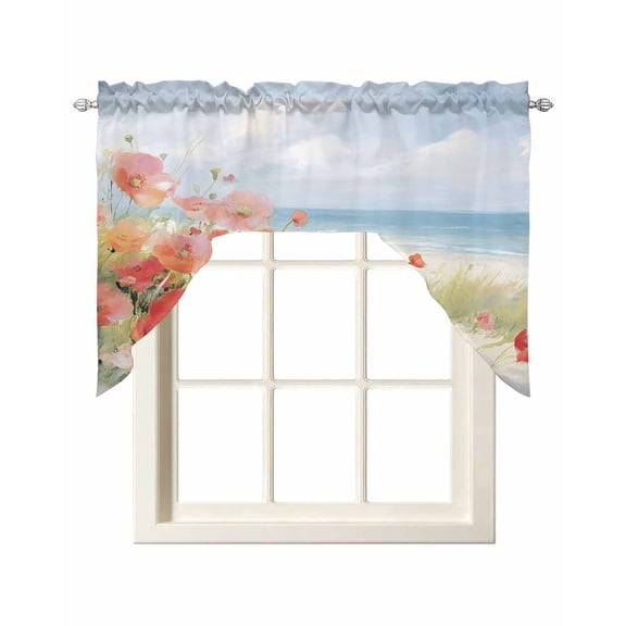 Spring Floral Swag Valances for Windows 56 x 36 Poppy Grass Sky Seaside Nature Landscape Rod Pocket Light Filtering Window Topper for Kitchen Bathroom Bedroom Living Room