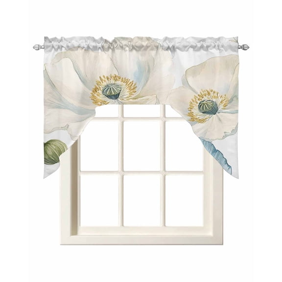 Spring Floral Swag Valances for Windows 56 x 36 Watercolor White Blue Poppy Flowers Leaf Plant Rod Pocket Light Filtering Window Topper for Kitchen Bathroom Bedroom Living Room
