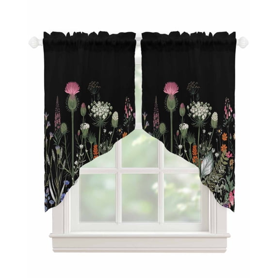 Spring Floral Swag Valances for Windows, Black Farmhouse Botanical Watercolor Rod Pocket Sheer Valances for Large Windows, Swag Toppers Light Filtering for Kitchen Living Room 2 Panels 36''x45''