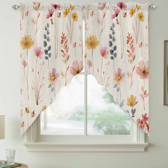 Spring Floral Swag Valances for Windows, Colorful Flowers Leaf Plant Branch Linen Rod Pocket Short Curtains, Machine Washable Kitchen Window Topper for Bathroom Living Room, 36 x 36 Inch, 1 Pair