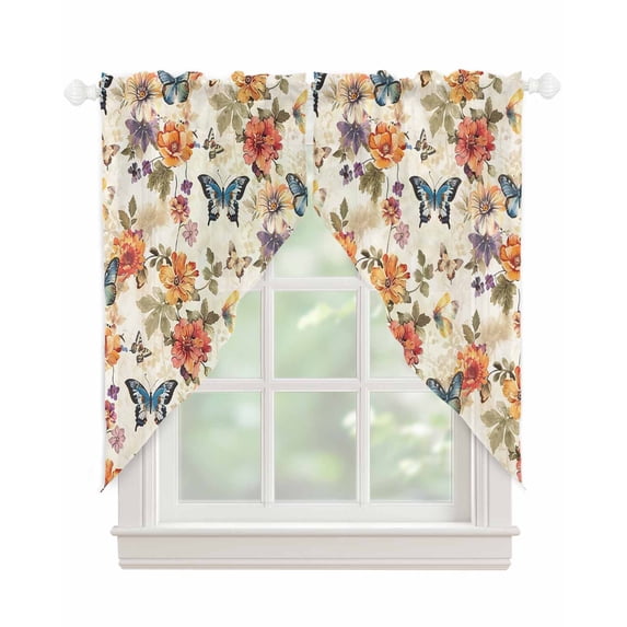 Spring Floral Swag Valances for Windows, Colorful Vintage Botanical Butterfly Rod Pocket Sheer Valances for Large Windows, Swag Toppers Light Filtering for Kitchen Living Room 2 Panels 36''x63''