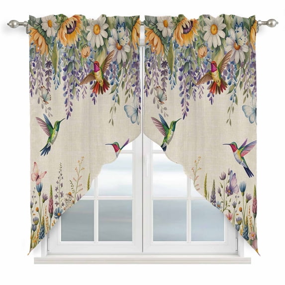 Spring Floral Swag Valances for Windows, Kitchen Curtains 36 Inch Length 2 Panels Set, Daisy Sunflowers Wisteria Hummingbird Beige Short Curtains for Small Windows Rod Pocket Cafe Curtains 28"x36"