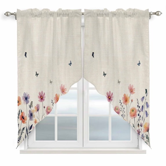 Spring Floral Swag Valances for Windows, Kitchen Curtains 36 Inch Length 2 Panels Set, Elegant Pastoral Flowers Watercolor Botanical Short Curtains for Small Windows Rod Pocket Cafe Curtains 28"x36"