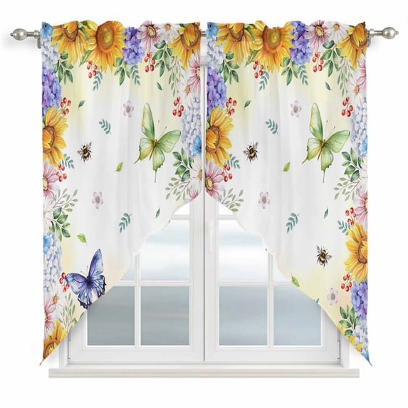 Spring Floral Swag Valances for Windows, Kitchen Curtains 36 Inch Length 2 Panels Set, Hydrangea Sunflowers Butterflies Watercolor Short Curtains for Small Windows Rod Pocket Cafe Curtains 28"x36"