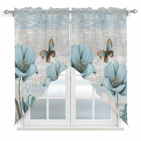 Spring Floral Swag Valances for Windows, Kitchen Curtains 36 Inch Length 2 Panels Set, Vintage Tulips Flower Butterfly Retro Wood Blue Short Curtains for Small Windows Cafe Curtains 28"x36"