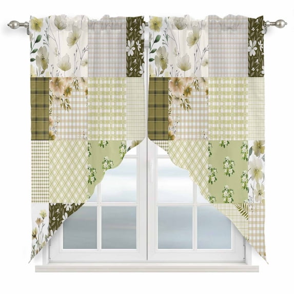 Spring Floral Swag Valances for Windows, Kitchen Curtains 36 Inch Length 2 Panels Set, Yellow Flowers Botanical Patchwork Grid Bohemia Short Curtains for Small Windows Cafe Curtains 28"x36"
