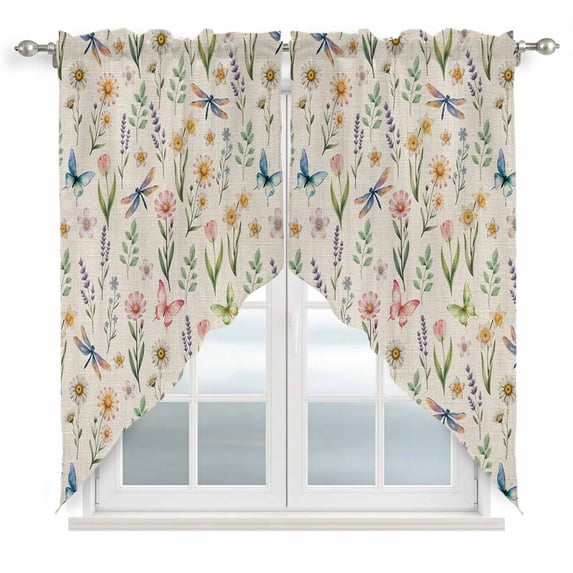 Spring Floral Swag Valances for Windows, Kitchen Window Curtains Over Sink, Elegant Pastoral Flowers Dragonfly Rustic Window Treatment Curtains for Living Room/Bedroom Curtains 2 Panel Sets 36"x45"