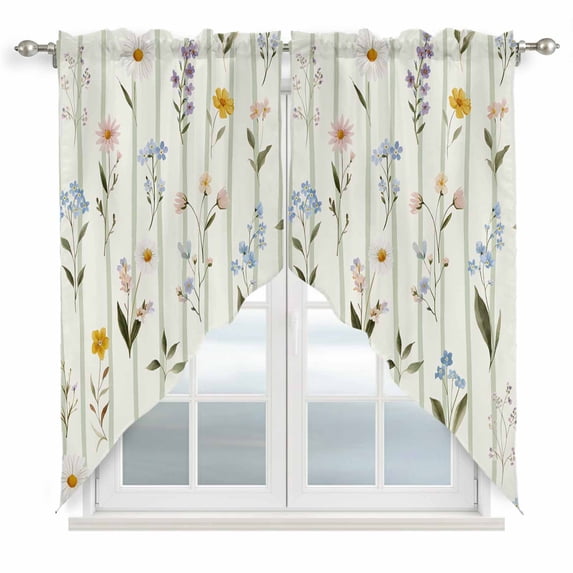 Spring Floral Swag Valances for Windows, Kitchen Window Curtains Over Sink, Summer Botanical Sage Green Striped Window Treatment Curtains for Living Room/Bedroom Curtains 2 Panel Sets 36"x45"