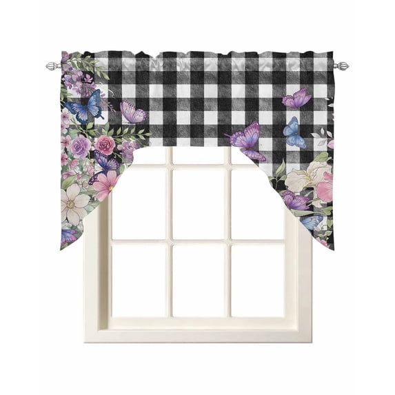 Spring Floral Swag Valances for Windows, Small Curtains Drapes, Black White Checkered Farmhouse Butterfly Kitchen Window Curtains Over Sink Window Treatment Valance for Bedroom/Bathroom 56"x36"