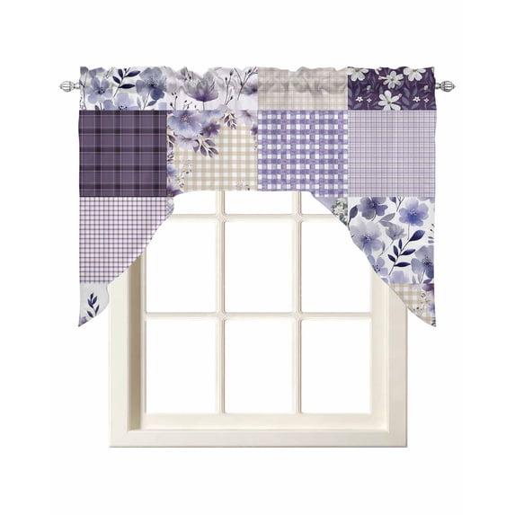 Spring Floral Swag Valances for Windows, Small Curtains Drapes, Dark Purple Flowers Patchwork Grid Bohemia Kitchen Window Curtains Over Sink Window Treatment Valance for Bedroom/Bathroom 56"x36"