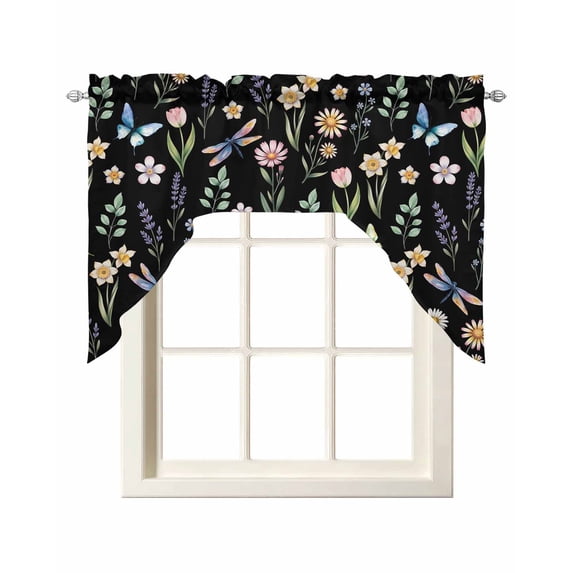 Spring Floral Swag Valances for Windows, Small Curtains Drapes, Elegant Pastoral Flowers Dragonfly Black Kitchen Window Curtains Over Sink Window Treatment Valance for Bedroom/Bathroom 56"x36"