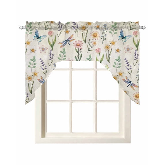 Spring Floral Swag Valances for Windows, Small Curtains Drapes, Elegant Pastoral Flowers Dragonfly Retro Kitchen Window Curtains Over Sink Window Treatment Valance for Bedroom/Bathroom 56"x36"