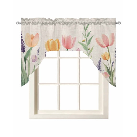Spring Floral Swag Valances for Windows, Small Curtains Drapes, Pink Yellow Tulip Botanical Summer Kitchen Window Curtains Over Sink Rod Pocket Window Treatment Valance for Bedroom/Bathroom 56"x36"