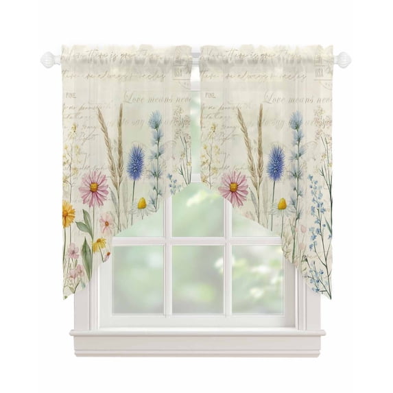 Spring Floral Swag Valances for Windows, Summer Flower Botanical Farmhouse Rod Pocket Sheer Valances for Small Windows, Swag Toppers Light Filtering for Kitchen Living Room 2 Panels 28''x36''