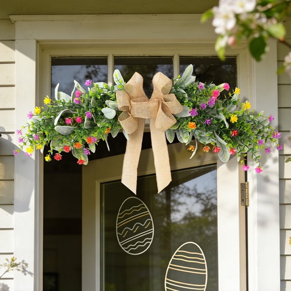 Spring Floral Swag Wreath for Front Door with Bow and Flocking Leaves,23.6'' Artificial Greenery Flower with Pink Yellow Daisy Wildflower for Farmhouse Kitchen Cabinet Porch Wall Window Wedding Arch