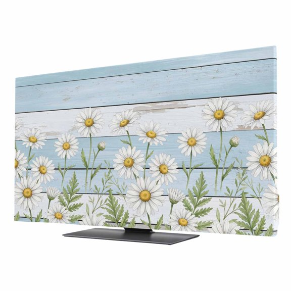 Spring Floral TV Cover for 24 Inch Screen,Stretch Fabric Dustproof TV Display Protector,Daisy Summer Botanical Wildflower Blue Wood Elastic Slipcover Monitor Cover for Indoor Computer 20.9"x11.8"