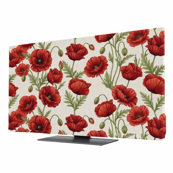 Spring Floral TV Cover for 75 Inch Screen, Stretch Fabric Dustproof TV Display Protector, Red Poppy Green Leaves Botanical Elastic Slipcover Monitor Cover for Indoor Desktop Computer 65.4"x36.8"