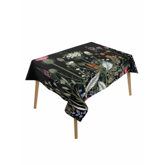 Spring Floral Table Cloth, Black Farmhouse Botanical Watercolor Waterproof Tablecloth for Rectangle Tables, Reusable Washable Fabric Table Cover for Restaurant Kitchen Dining Tables 52"x70"