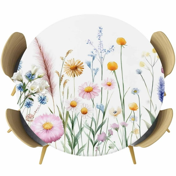Spring Floral Table Cloth, Round Fitted Tablecloths with Elastic Edge, Vintage Summer Flower Botanical Wipeable Waterproof Table Cover for Kitchen Wedding 36-44 Inches