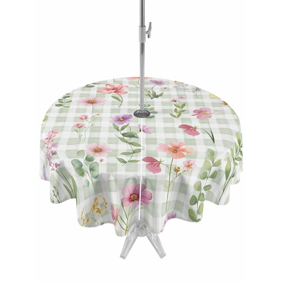 Spring Floral Table Cloth Round Tablecloth, Pink Flowers Green Plaid Pastoral Waterproof Wrinkleproof Table Cover with Umbrella Hole and Zipper for Party/Dining/Patio/Wedding 54 Inch