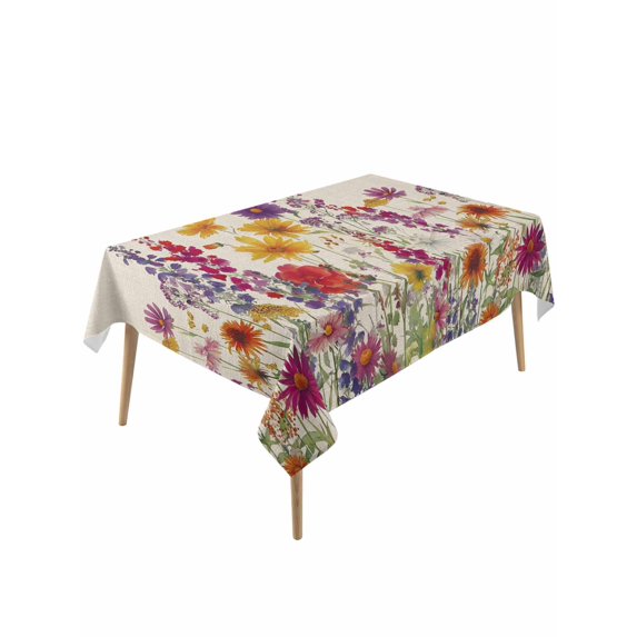 Spring Floral Table Cloth, Waterproof Tablecloth for Rectangle Tables, Watercolor Lavender Daisy Flowers Plants Beige Reusable Washable Fabric Table Cover for Restaurant Kitchen Dining 54"x108"