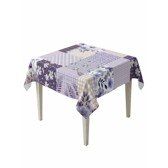 Spring Floral Table Cloth, Waterproof Tablecloth for Square Tables, Dark Purple Flowers Patchwork Grid Bohemia Reusable Washable Fabric Table Cover for Restaurant Kitchen Dining Tables 60"x60"
