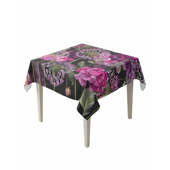 Spring Floral Table Cloth, Waterproof Tablecloth for Square Tables, Pink Purple Lily Dandelion Leaves Botanical Reusable Washable Fabric Table Cover for Restaurant Kitchen Dining Tables 54"x54"