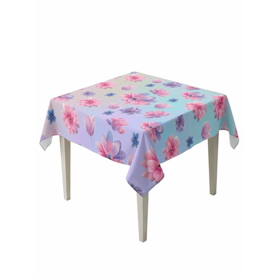 Spring Floral Table Cloth, Waterproof Tablecloth for Square Tables, Purple Pink Blue Flower Summer Botanical Reusable Washable Fabric Table Cover for Restaurant Kitchen Dining Tables 60"x60"