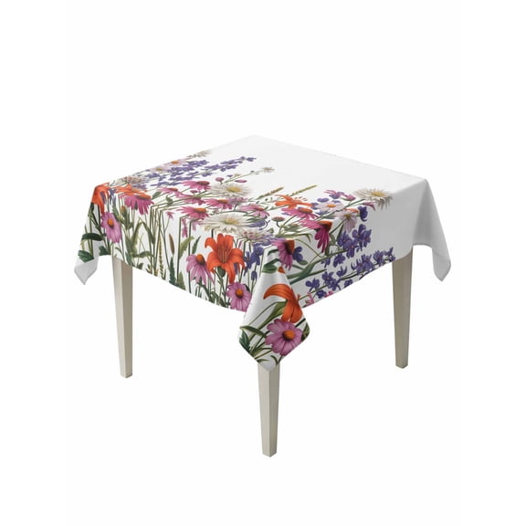 Spring Floral Table Cloth, Waterproof Tablecloth for Square Tables, Watercolor Daisy Lily Lavender Plants Garden Reusable Washable Fabric Table Cover for Restaurant Kitchen Dining Tables 54"x54"