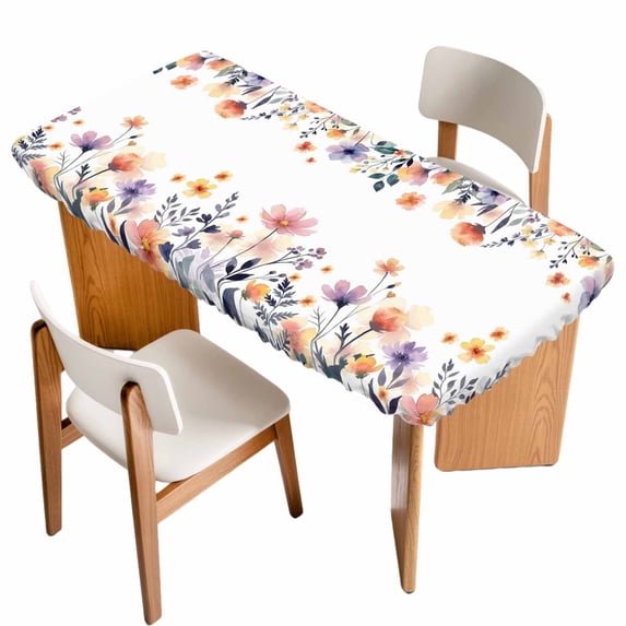 Spring Floral Table Cloths for 3 Foot Rectangle Tables, Elegant Flowers Farmhouse Botanical Patio Waterproof Elastic Fitted Tablecloths, Washable Rectangular Table Cover for Camping