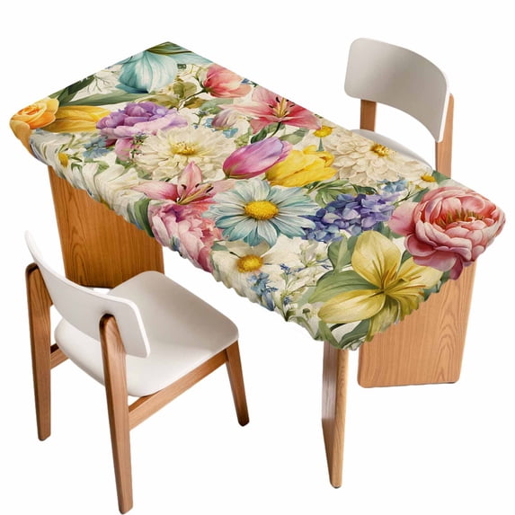 Spring Floral Table Cloths for 3 Foot Rectangle Tables, Farmhouse Elegant Flowers Vintage Art Patio Waterproof Elastic Fitted Tablecloths, Washable Rectangular Table Cover for Camping