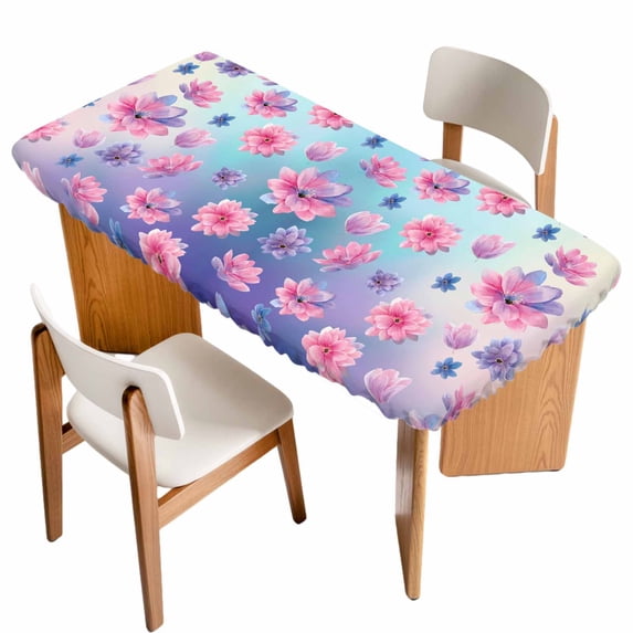 Spring Floral Table Cloths for 3 Foot Rectangle Tables, Purple Pink Blue Flower Botanical Ombre Patio Waterproof Elastic Fitted Tablecloths, Washable Rectangular Table Cover for Camping
