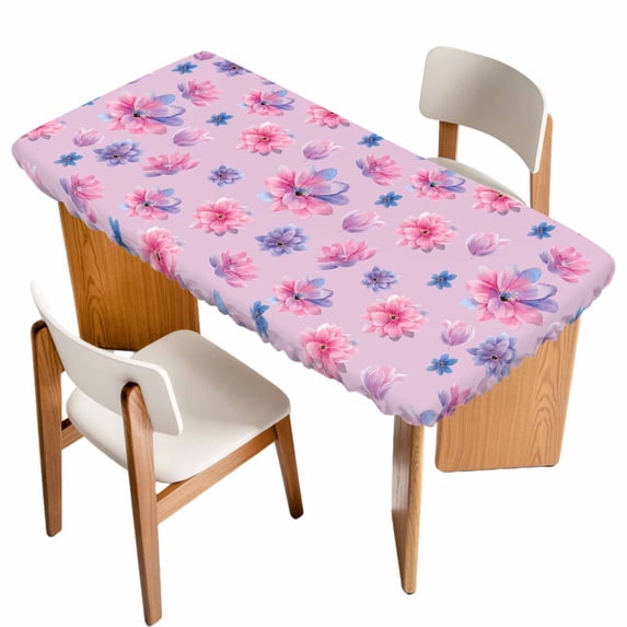 Spring Floral Table Cloths for 3 Foot Rectangle Tables, Summer Botanical Purple Pink Flower Patio Waterproof Elastic Fitted Tablecloths, Washable Rectangular Table Cover for Camping