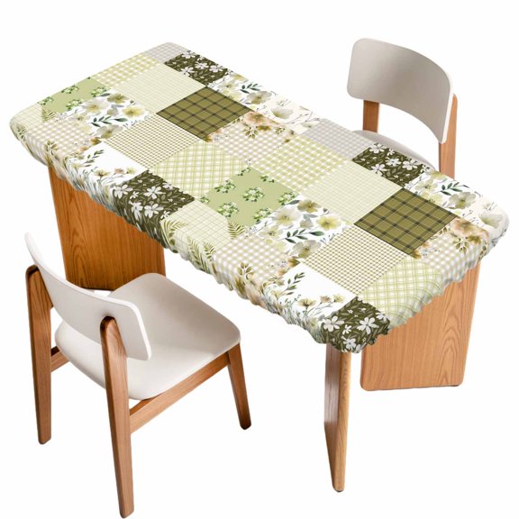 Spring Floral Table Cloths for 3 Foot Rectangle Tables, Yellow Flowers Botanical Patchwork Grid Bohemia Patio Waterproof Elastic Fitted Tablecloths, Washable Rectangular Table Cover for Camping