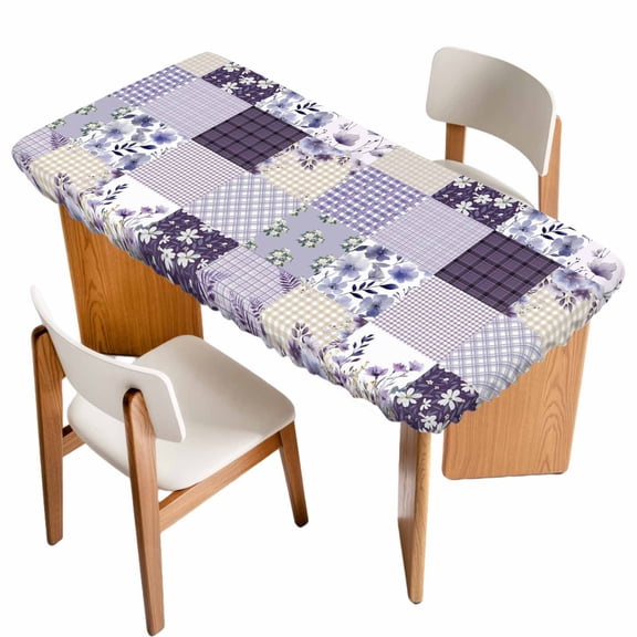 Spring Floral Table Cloths for 4 Foot Rectangle Tables, Dark Purple Flowers Patchwork Grid Bohemia Patio Waterproof Elastic Fitted Tablecloths, Washable Rectangular Table Cover for Camping