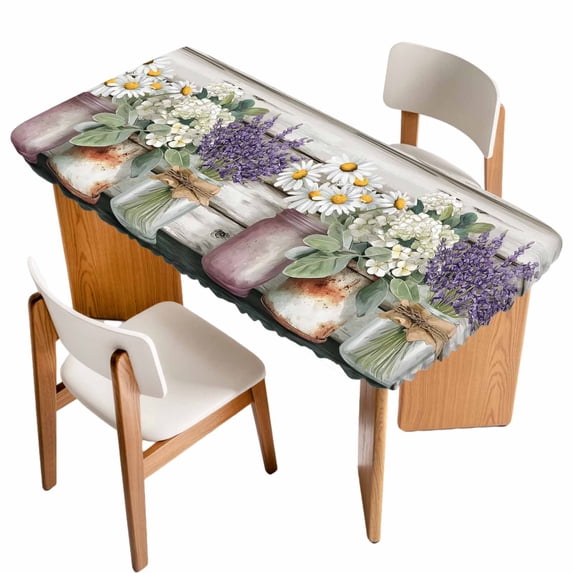 Spring Floral Table Cloths for 4 Foot Rectangle Tables, Pastoral Bottle Daisy Lavender Gray Wooden Patio Waterproof Elastic Fitted Tablecloths, Washable Rectangular Table Cover for Camping