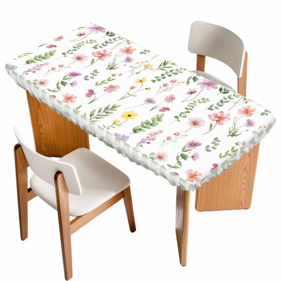 Spring Floral Table Cloths for 4 Foot Rectangle Tables, Pink Flowers Sage Green Plaid Pastoral Patio Waterproof Elastic Fitted Tablecloths, Washable Rectangular Table Cover for Camping