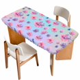 thumbnail image 1 of Spring Floral Table Cloths for 4 Foot Rectangle Tables, Purple Pink Blue Flower Summer Botanical Patio Waterproof Elastic Fitted Tablecloths, Washable Rectangular Table Cover for Camping, 1 of 8