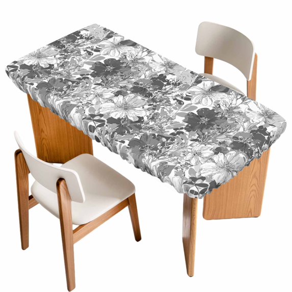 Spring Floral Table Cloths for 4 Foot Rectangle Tables, Retro Country Flowers Leaves Botanical Gray Patio Waterproof Elastic Fitted Tablecloths, Washable Rectangular Table Cover for Camping