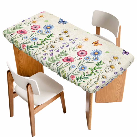 Spring Floral Table Cloths for 5 Foot Rectangle Tables, Pink Blue Flowers Butterfly Farmhouse Patio Waterproof Elastic Fitted Tablecloths, Washable Rectangular Table Cover for Camping