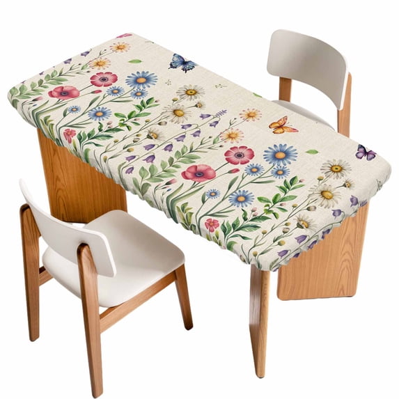 Spring Floral Table Cloths for 5 Foot Rectangle Tables, Pink Blue Flowers Butterfly Rustic Patio Waterproof Elastic Fitted Tablecloths, Washable Rectangular Table Cover for Camping
