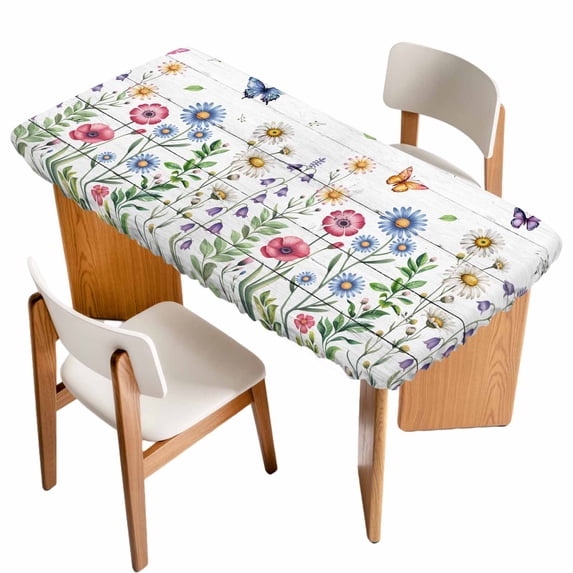 Spring Floral Table Cloths for 5 Foot Rectangle Tables, Pink Blue Flowers Butterfly Wooden Patio Waterproof Elastic Fitted Tablecloths, Washable Rectangular Table Cover for Camping
