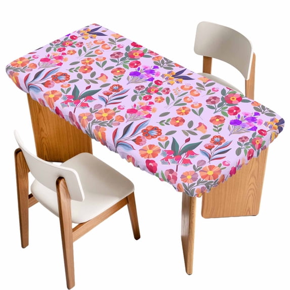 Spring Floral Table Cloths for 5 Foot Rectangle Tables, Retro Watercolor Flowers Leaves Plants Purple Patio Waterproof Elastic Fitted Tablecloths, Washable Rectangular Table Cover for Camping