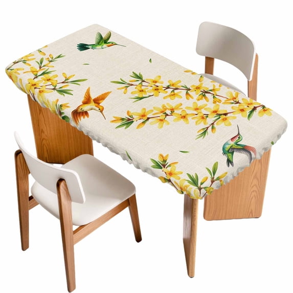 Spring Floral Table Cloths for 5 Foot Rectangle Tables, Watercolor Forsythia Flowers Hummingbirds Beige Patio Waterproof Elastic Fitted Tablecloths, Washable Rectangular Table Cover for Camping