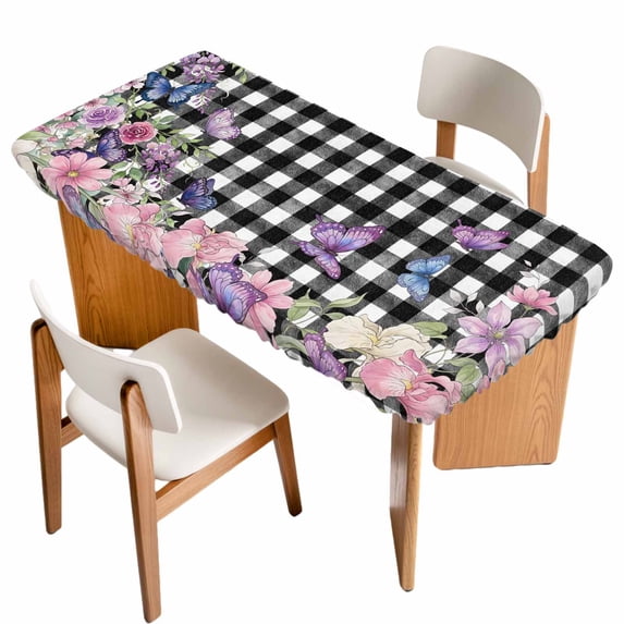 Spring Floral Table Cloths for 6 Foot Rectangle Tables, Black White Checkered Farmhouse Butterfly Patio Waterproof Elastic Fitted Tablecloths, Washable Rectangular Table Cover for Camping