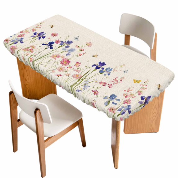Spring Floral Table Cloths for 6 Foot Rectangle Tables, Farmhouse Summer Botanical Flowers Patio Waterproof Elastic Fitted Tablecloths, Washable Rectangular Table Cover for Camping