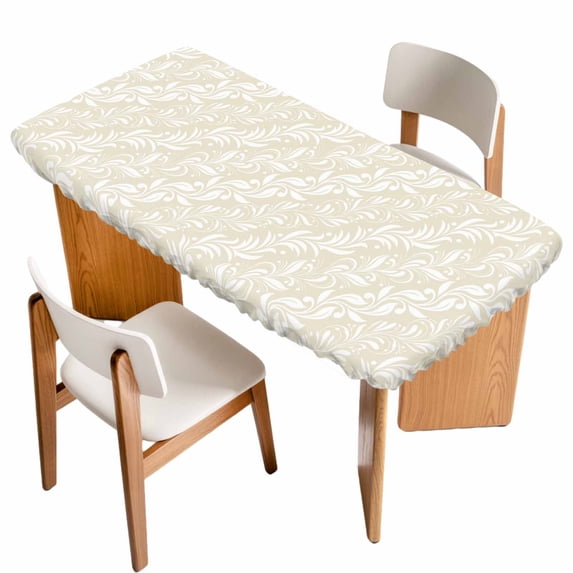 Spring Floral Table Cloths for 6 Foot Rectangle Tables, Vintage Simple Flowers Pattern Beige Patio Waterproof Elastic Fitted Tablecloths, Washable Rectangular Table Cover for Camping