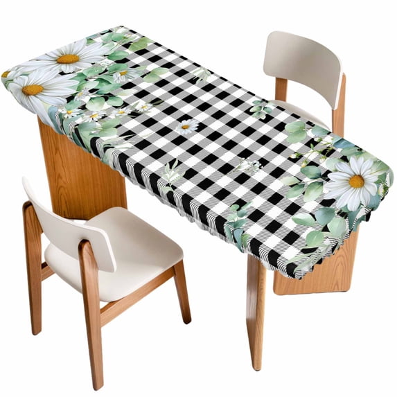 Spring Floral Table Cloths for 8 Foot Rectangle Tables, Daisy Eucalyptus Leaves Black White Plaid Patio Waterproof Elastic Fitted Tablecloths, Washable Rectangular Table Cover for Camping